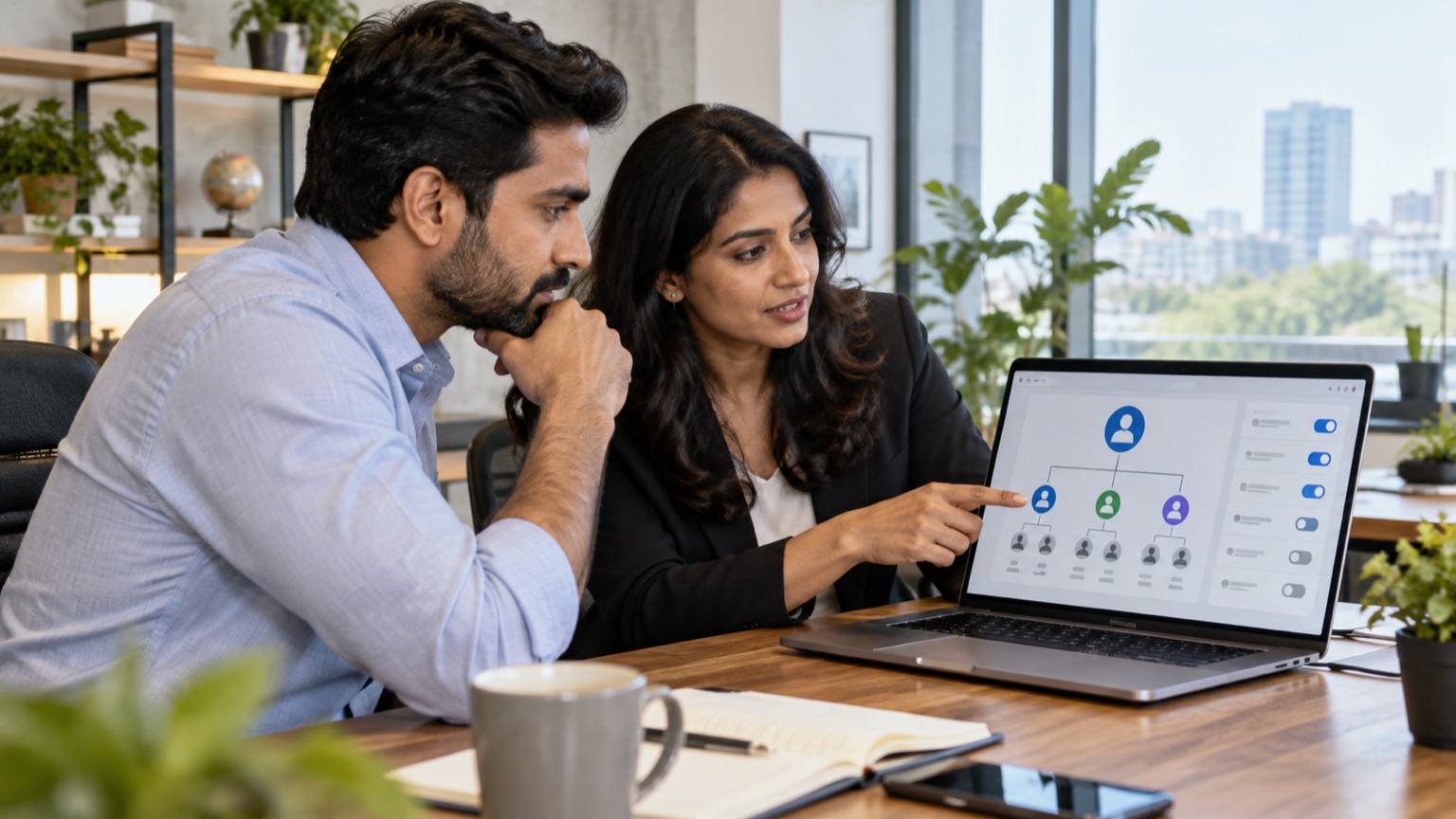 Business owner and agency consultant reviewing advertising account access permissions