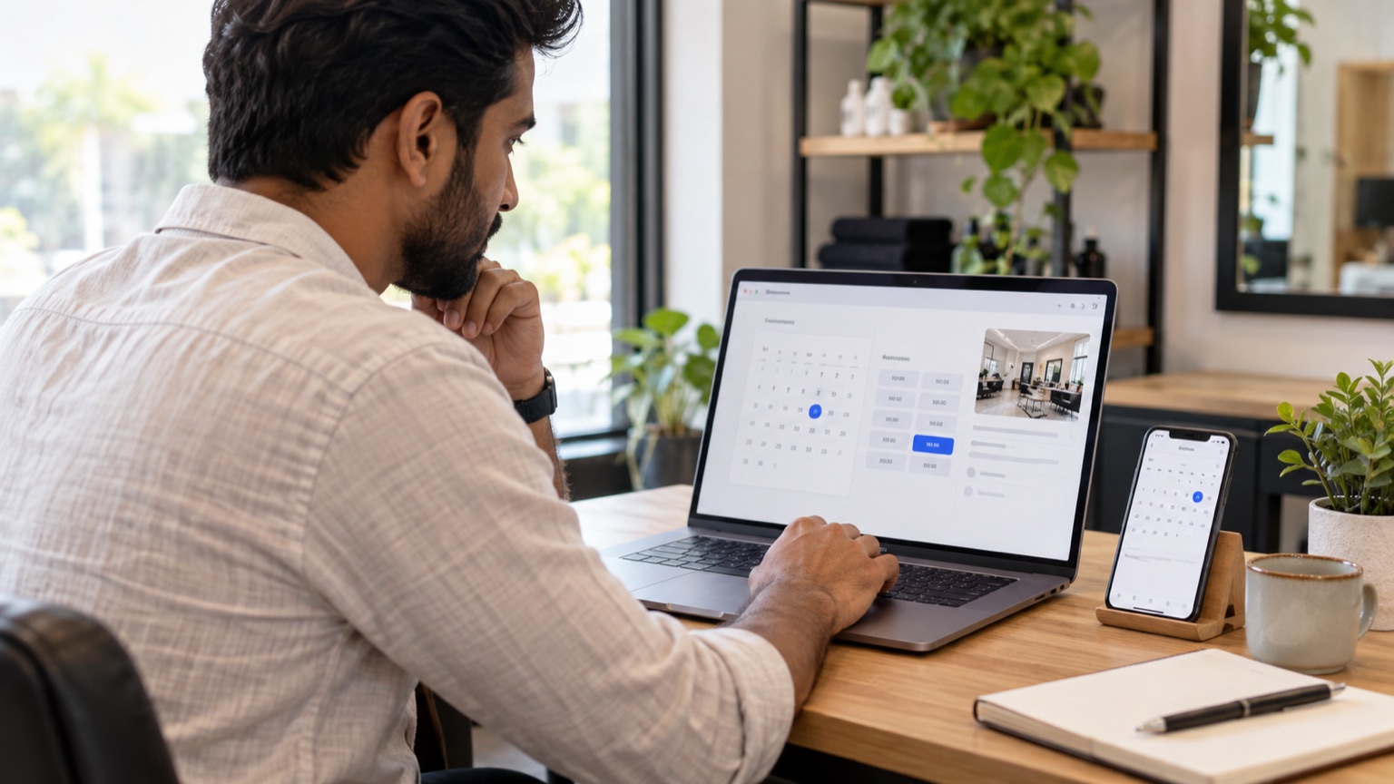 Local service owner reviewing an online appointment calendar on a laptop