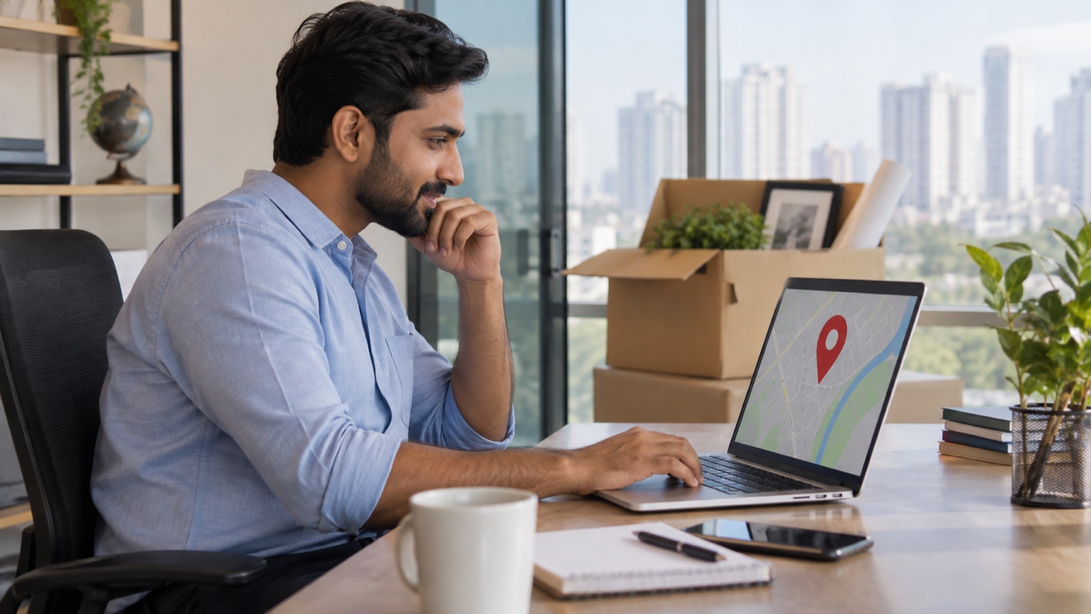 Noida service-business owner reviewing a map location while moving offices