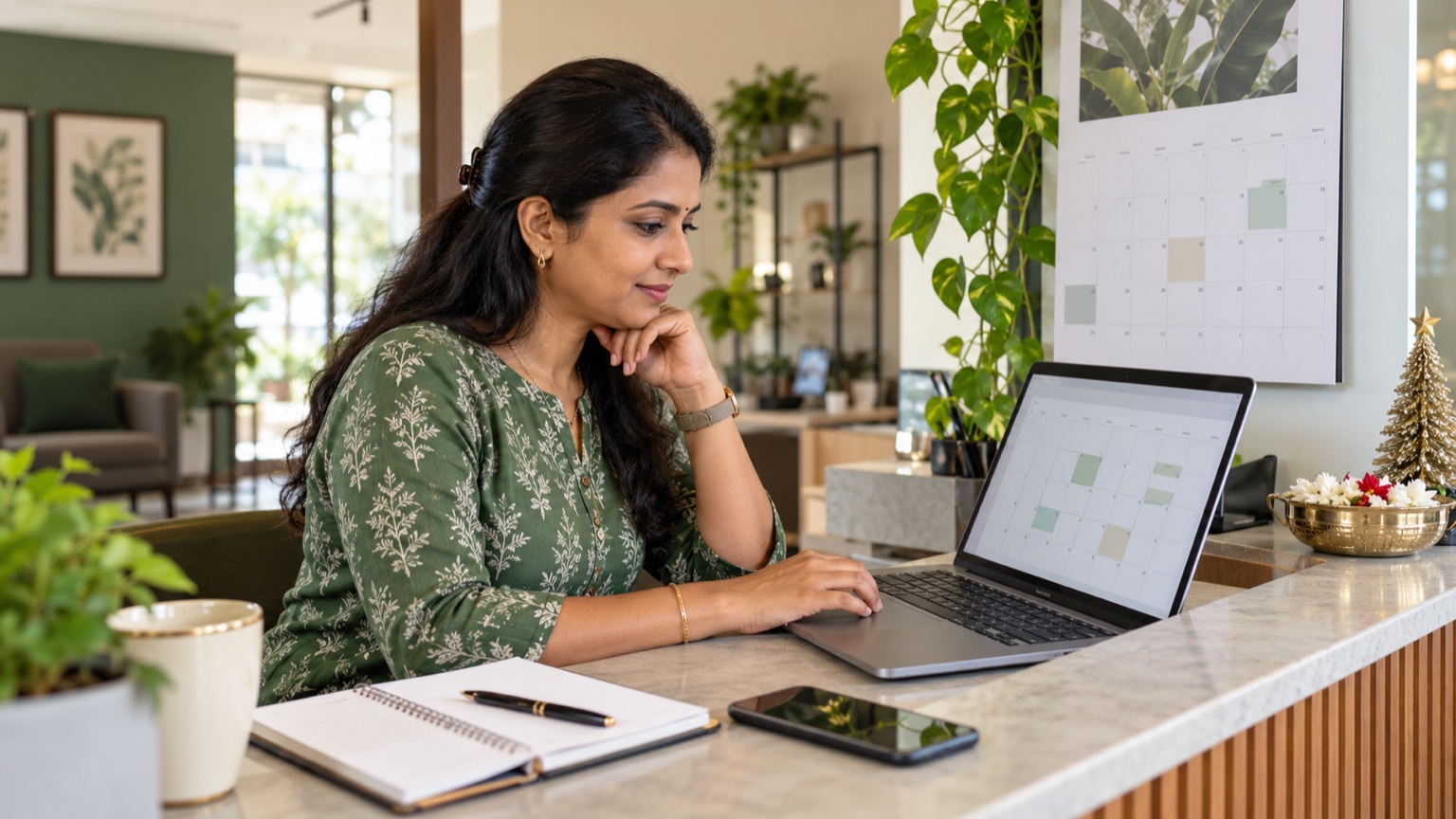 Indian service-business owner reviewing a calendar for temporary opening hours on a laptop