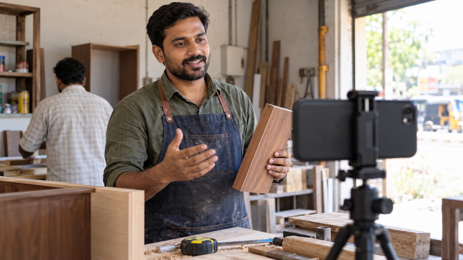 Local service-business owner filming real tools and workspace with a smartphone