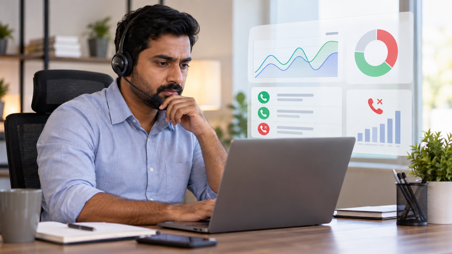 Service business manager reviewing phone-call lead quality on a laptop