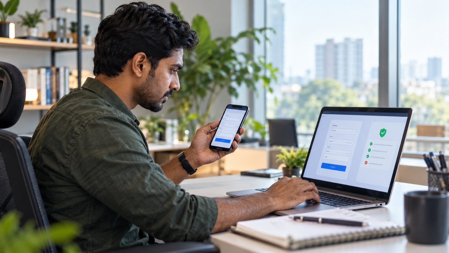 PPC specialist testing a website lead form on laptop and smartphone
