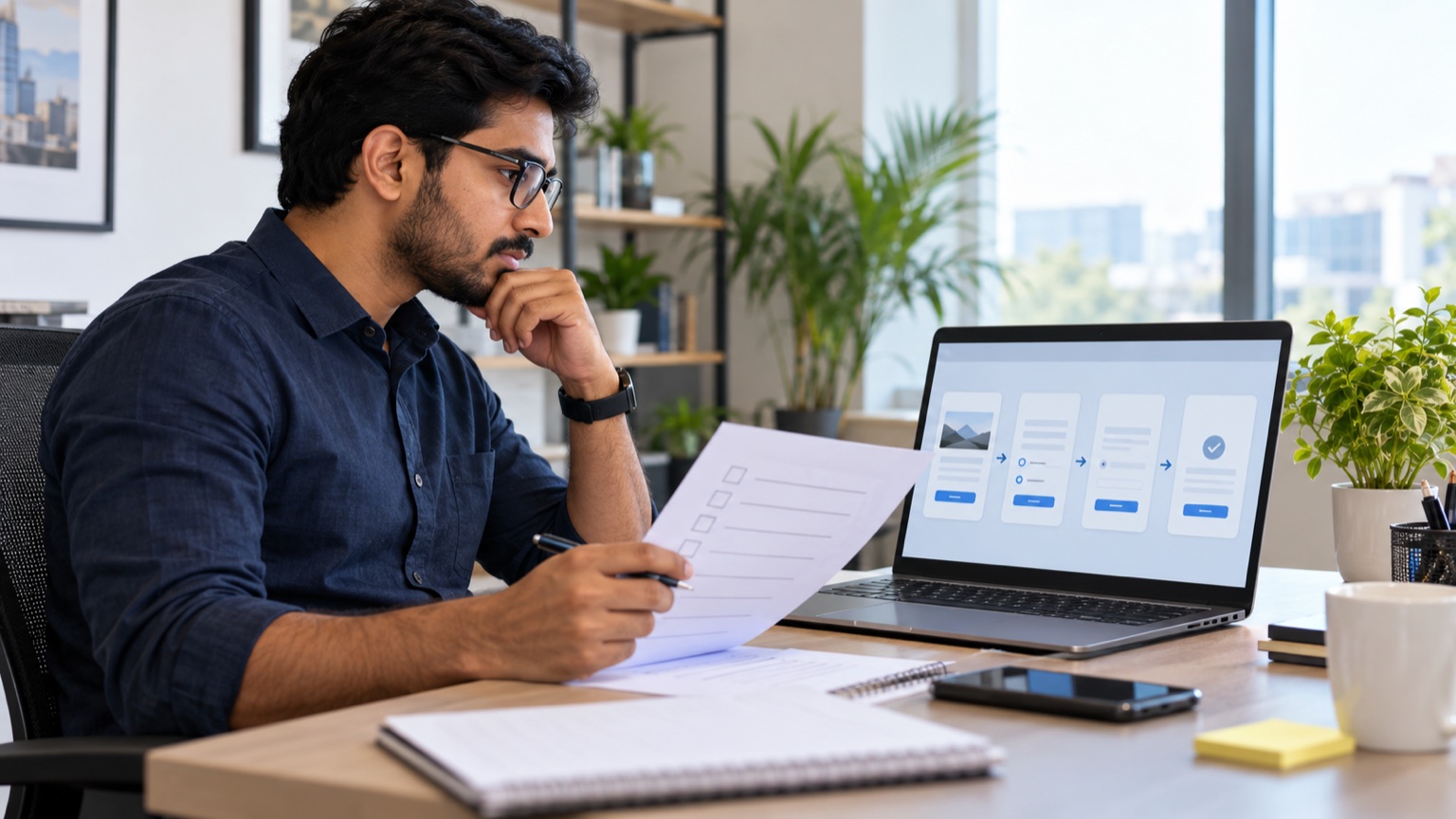 PPC specialist reviewing a lead form flow and checklist at a desk