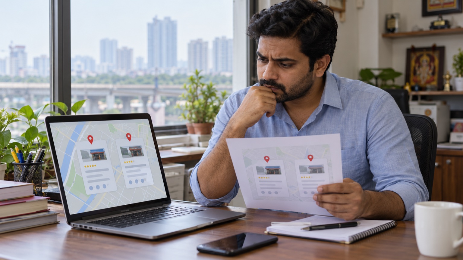 Noida service-business owner comparing two generic map listings on a laptop and printed page