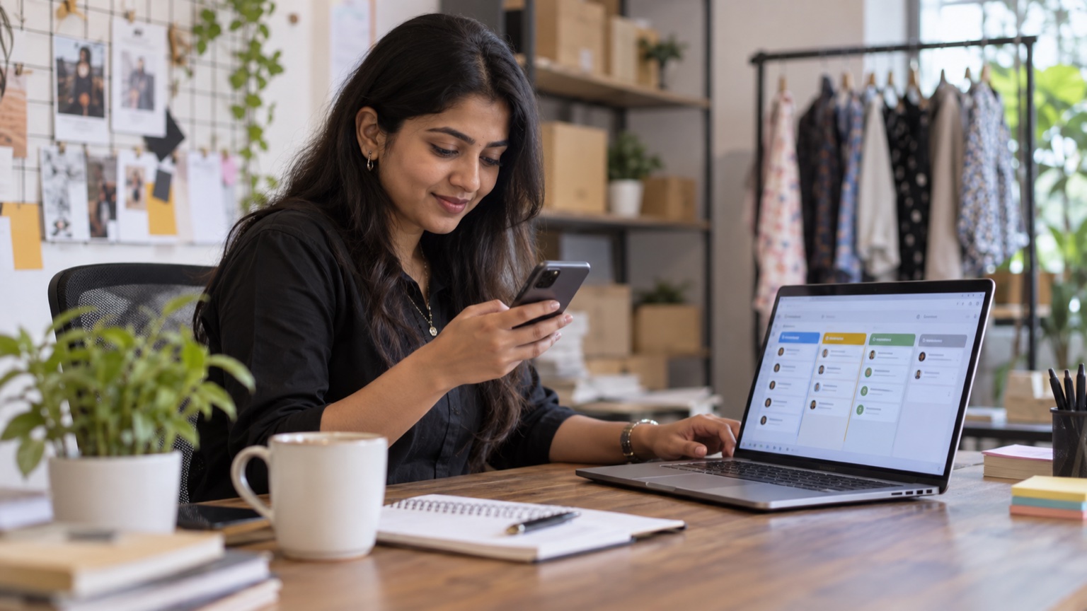 Social media manager handling customer messages and lead stages at a small business desk