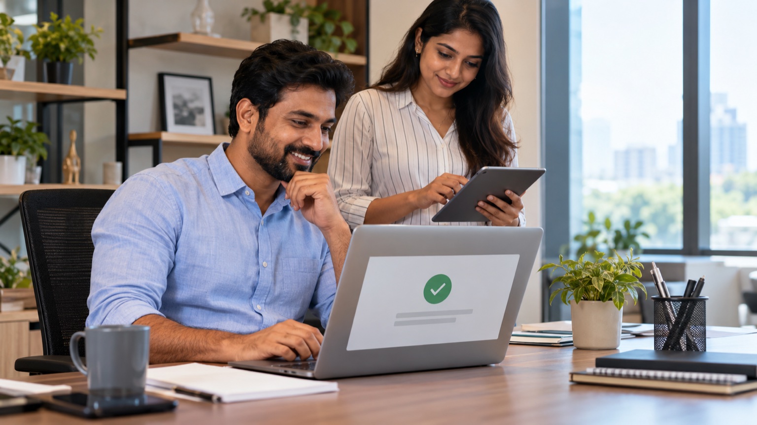 Service-business team reviewing a successful enquiry confirmation on a laptop