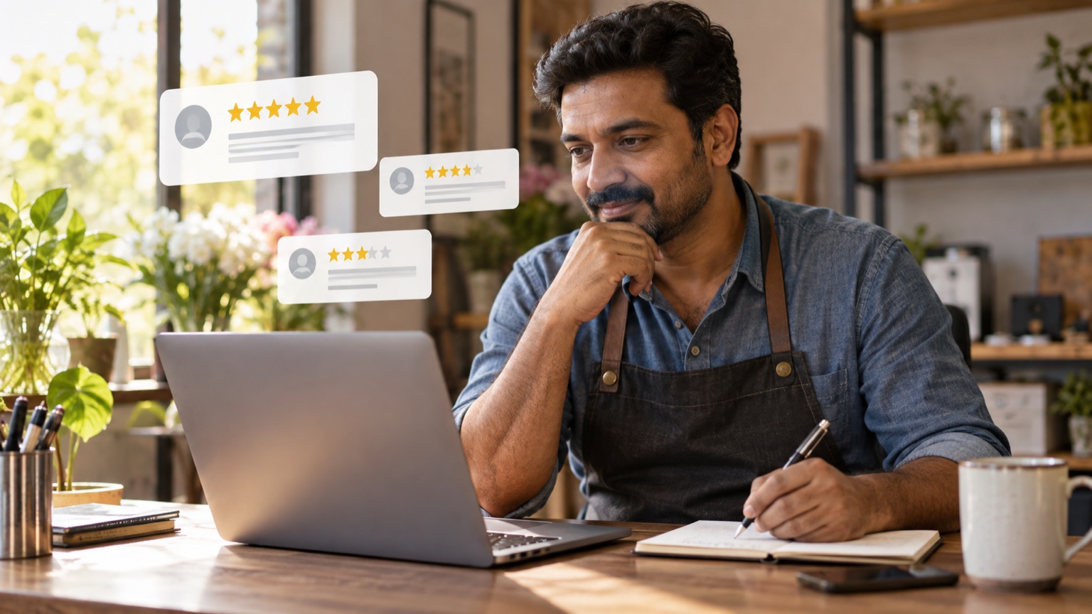 Local business owner drafting a thoughtful response to customer feedback