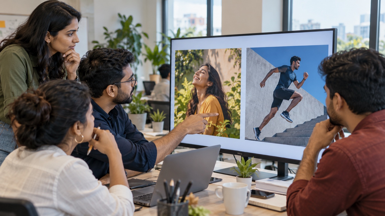 Indian marketing team comparing two distinct ad creative concepts on a monitor