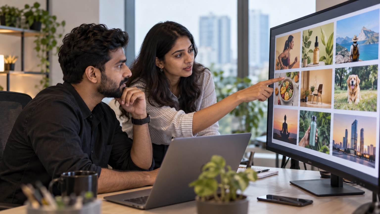 Marketing team reviewing varied advertising visual concepts on a monitor