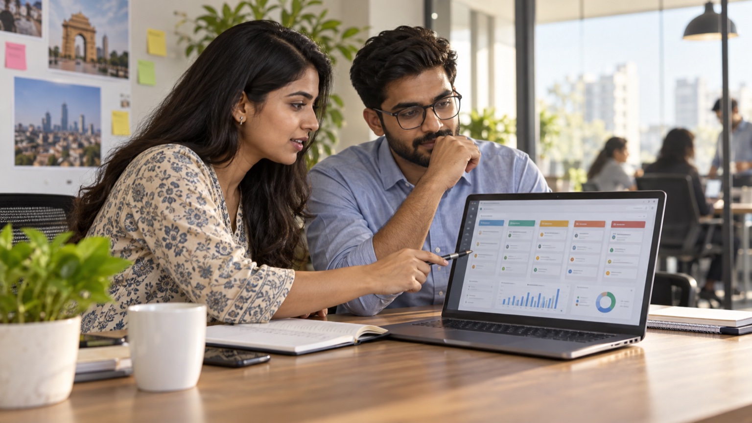 Marketing and sales colleagues reviewing qualified lead stages in a CRM dashboard