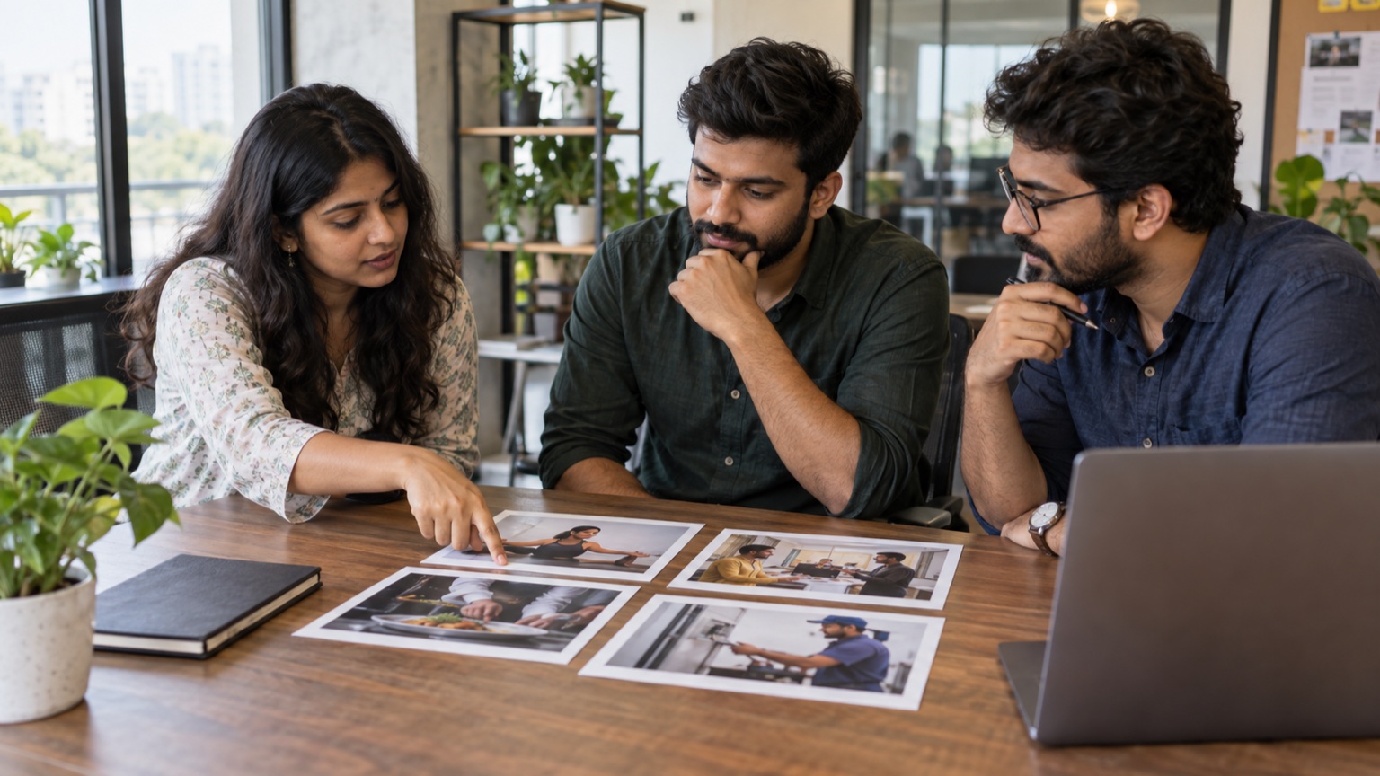 Marketing team reviewing several realistic service-ad visual concepts
