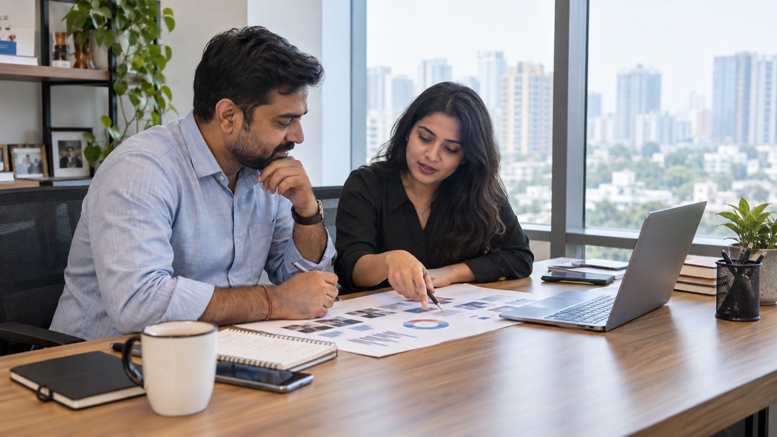 Noida business owner and agency strategist reviewing a written digital marketing brief