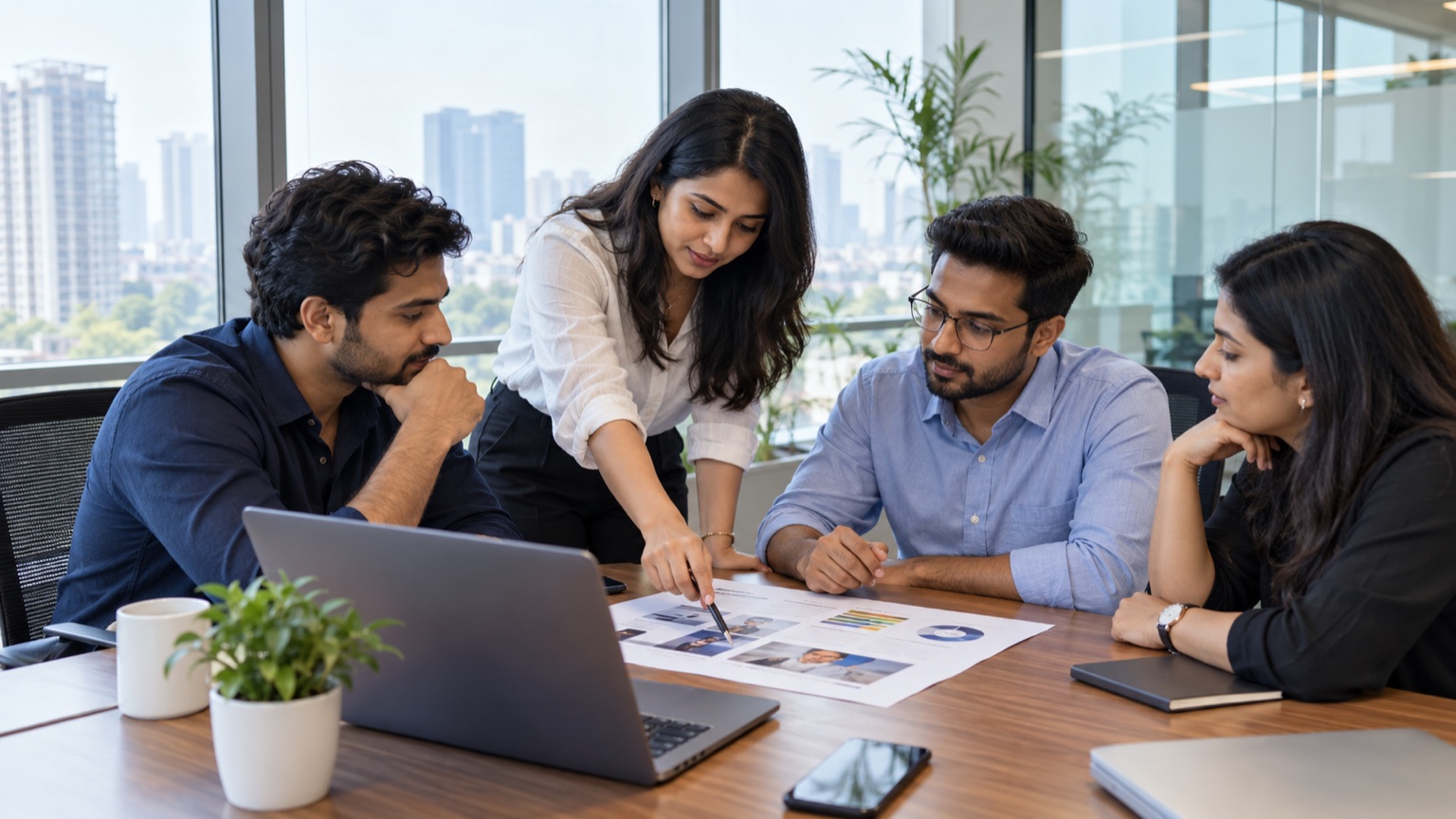 Indian business owners and agency team discussing a monthly marketing report