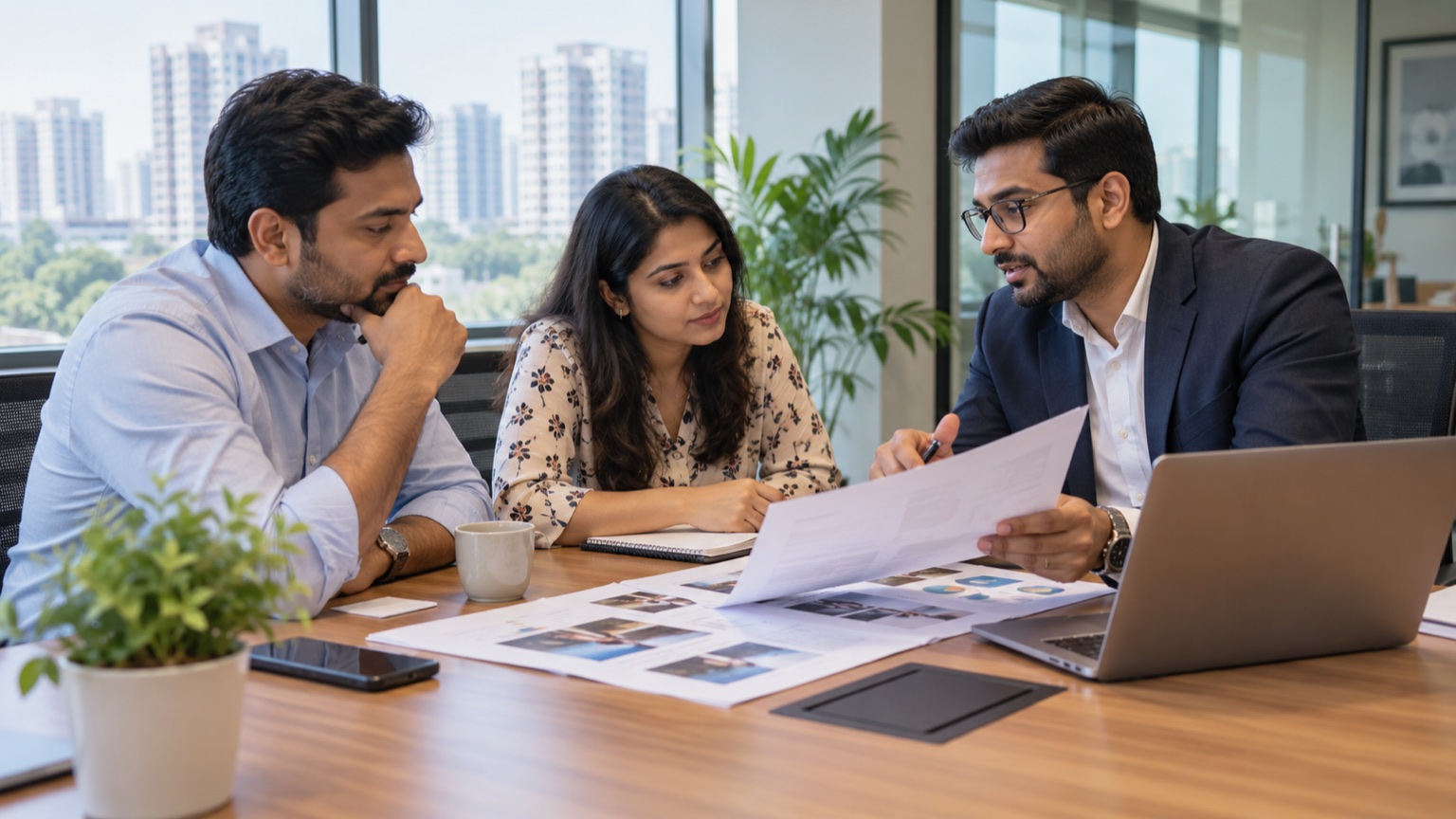 Noida service-business owners discussing an agency proposal with a marketing strategist