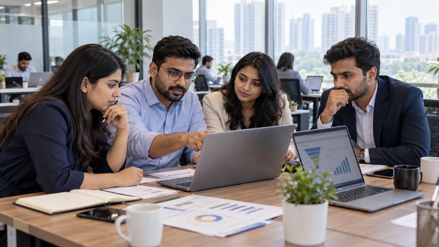 Indian B2B service team reviewing a lead qualification worksheet in an office