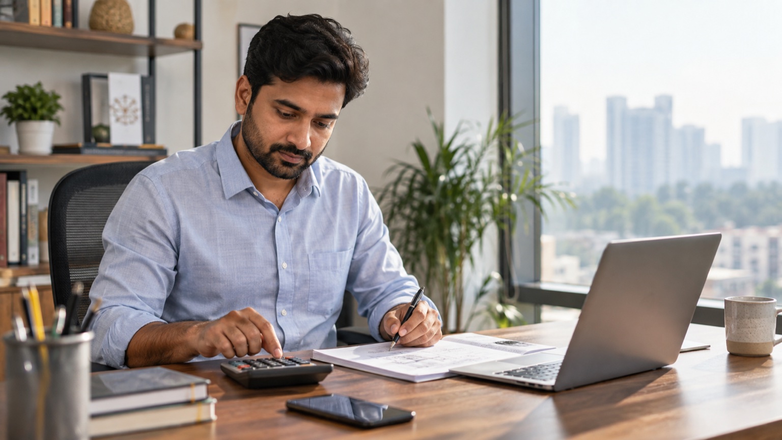 Noida service-business owner reviewing lead costs with a calculator and worksheet