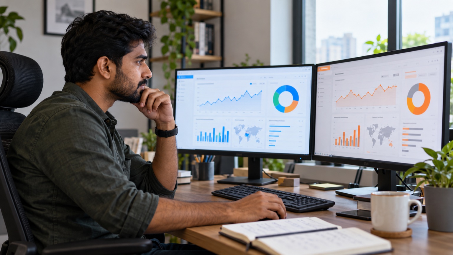 SEO analyst comparing two web analytics dashboards on separate monitors