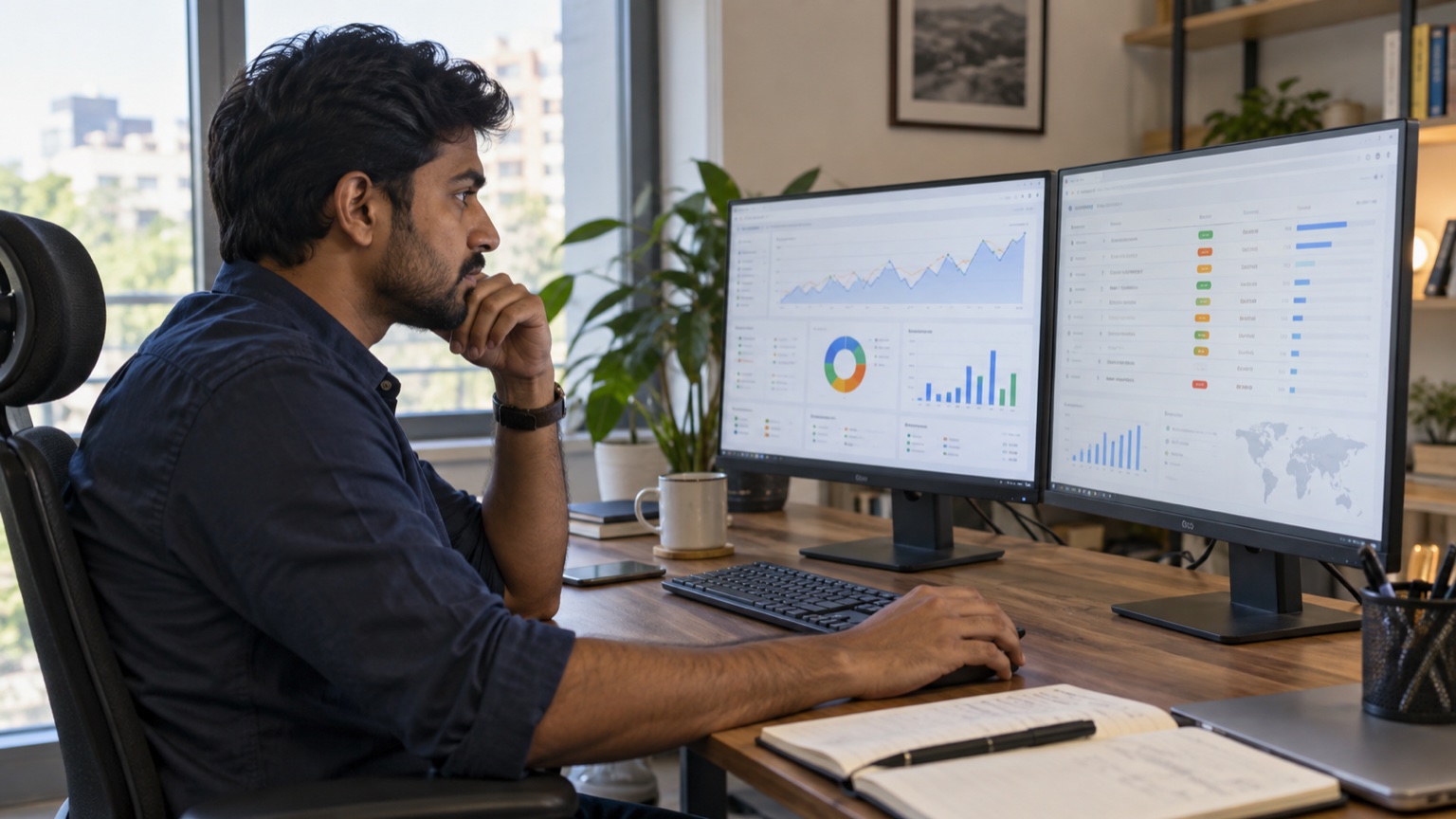 SEO analyst reviewing abstract indexing status reports on two monitors
