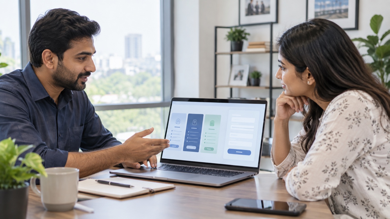 Service provider explaining package options and a quote form to a prospective client