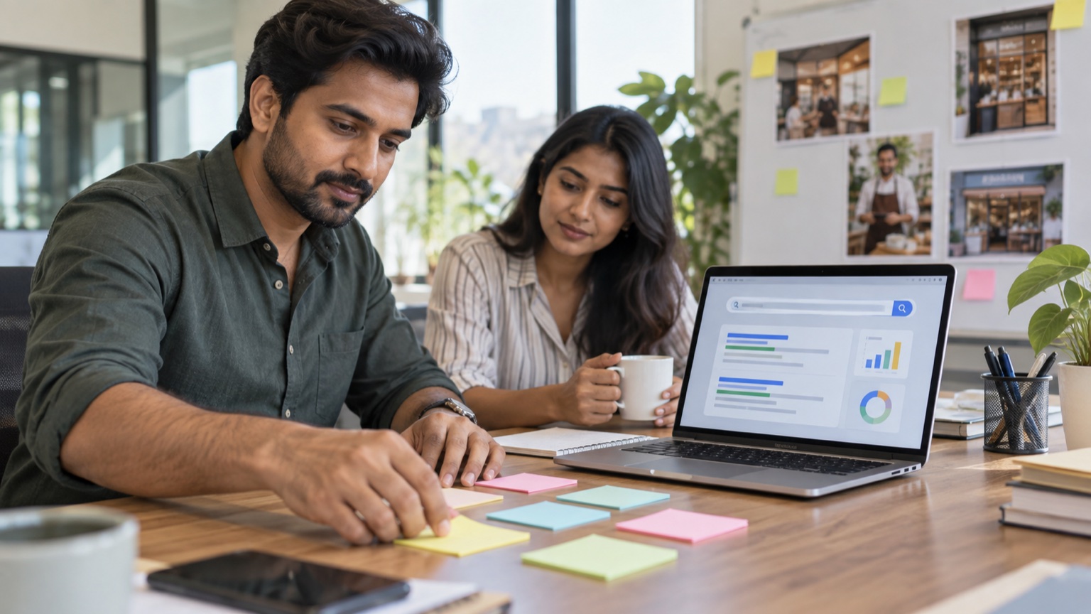 PPC specialist planning distinct service-ad messages at an office desk