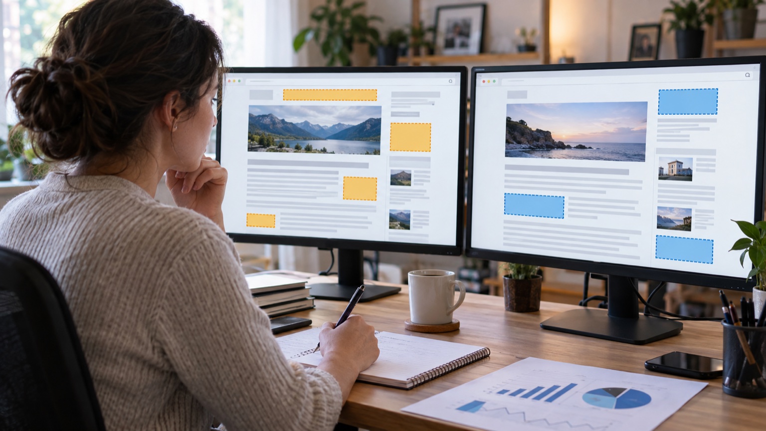 Content publisher comparing automatic and manually placed website advertising layouts