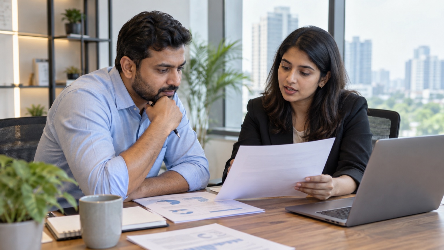Indian service business owner reviewing a digital marketing proposal with an agency consultant in an office