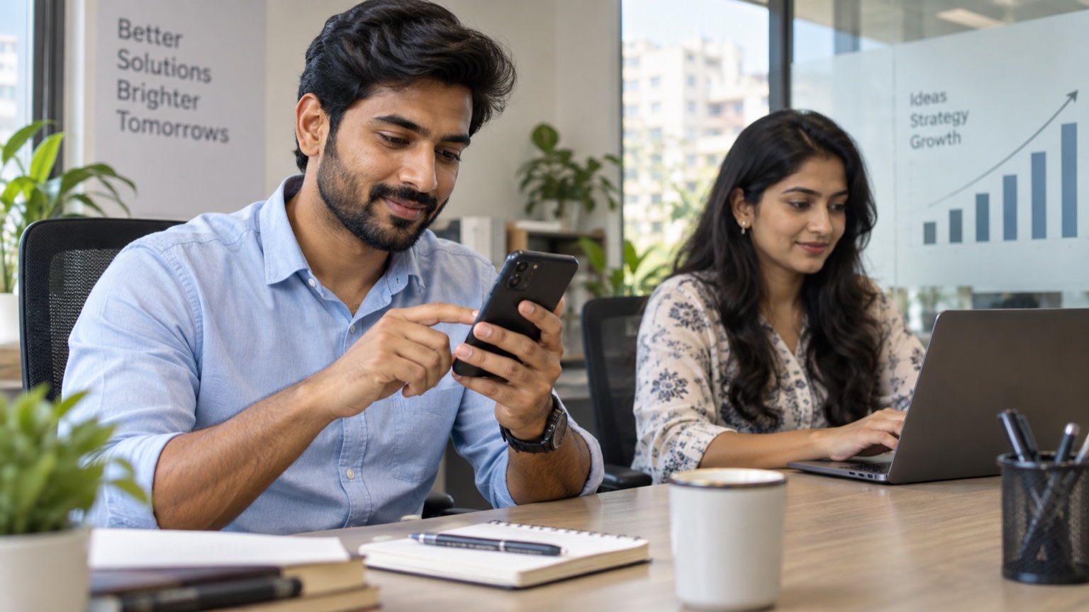 Service business team member responding to a mobile enquiry while a colleague reviews a campaign chart