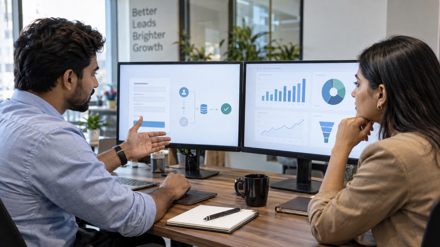 Indian marketer and sales manager reviewing privacy-conscious lead form and qualified conversion analytics