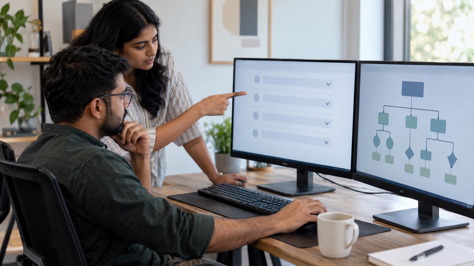 Indian SEO team comparing visible frequently asked questions with structured page data on two screens