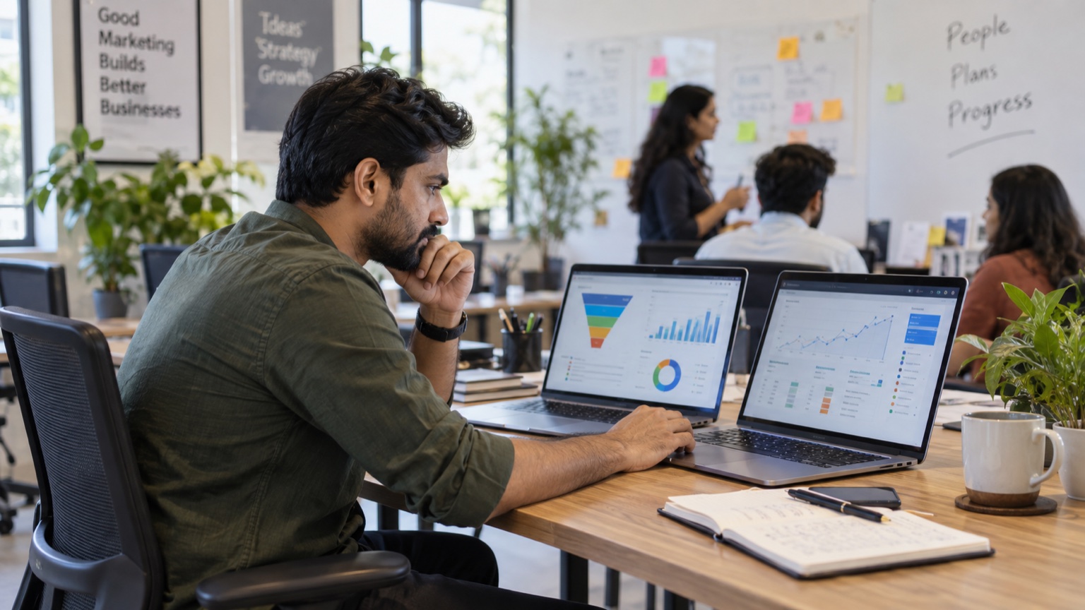 Digital marketing analyst comparing conversion goal dashboards for service business lead campaigns