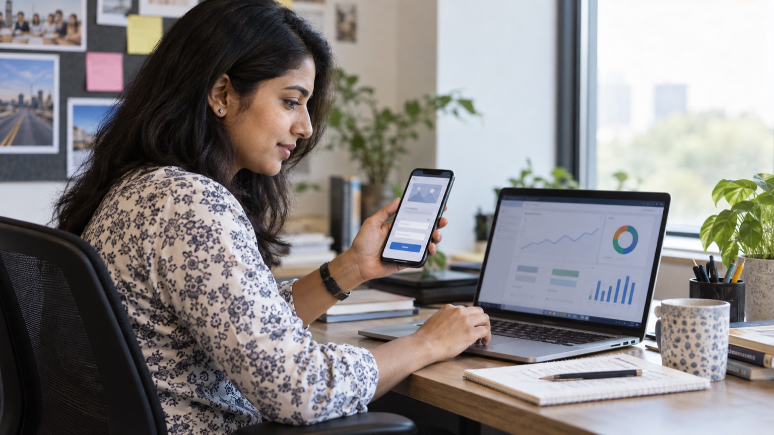 Marketing manager checking a mobile lead form preview beside an advertising campaign dashboard