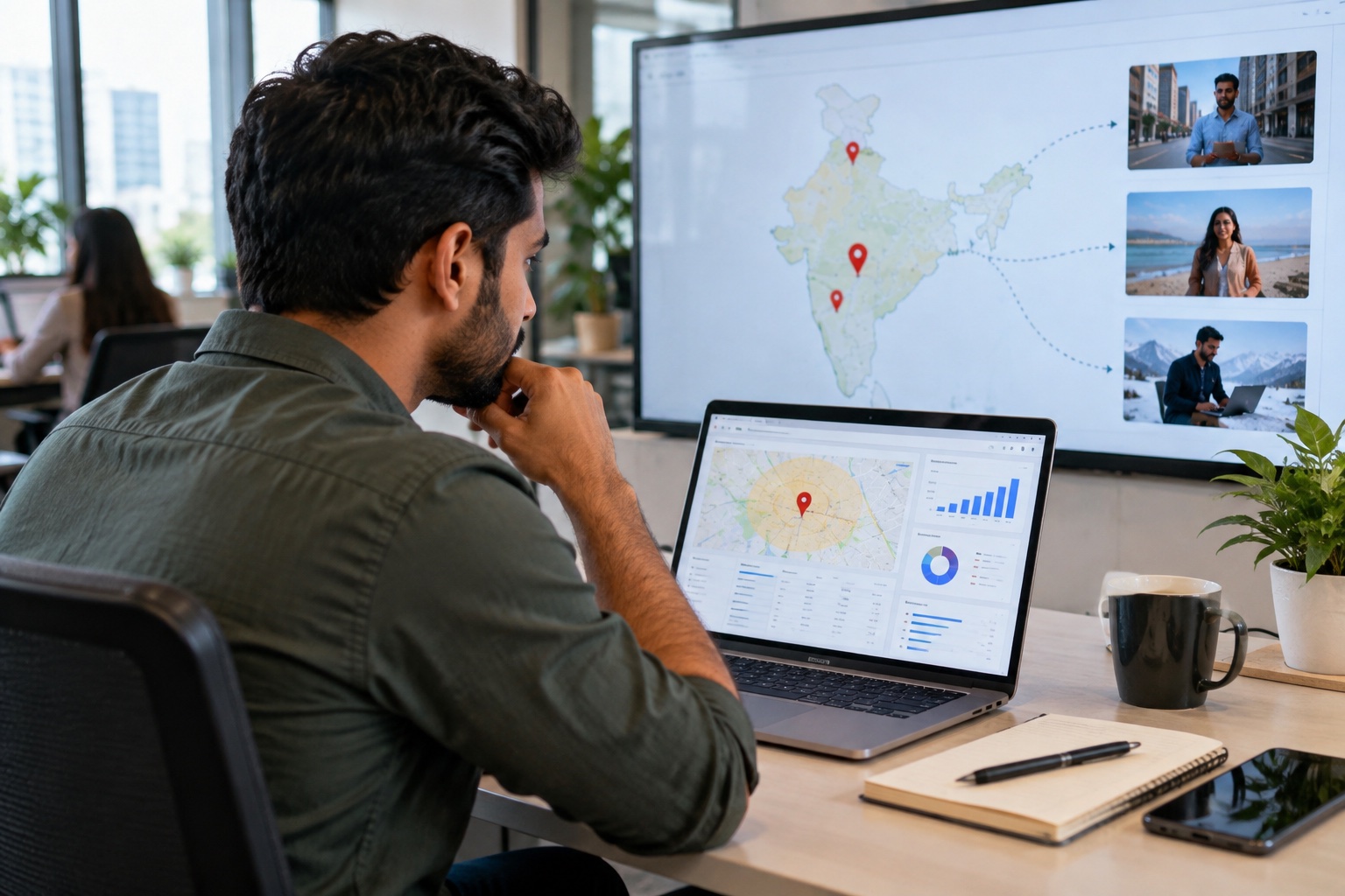 Indian PPC specialist reviewing physical location and location-of-interest targeting for local service ads