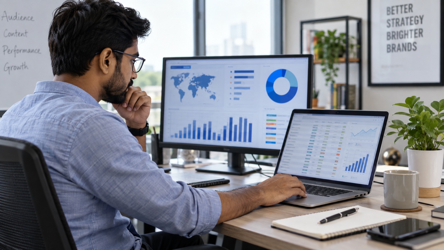Digital marketer comparing website audience analytics with consented customer records on two office screens