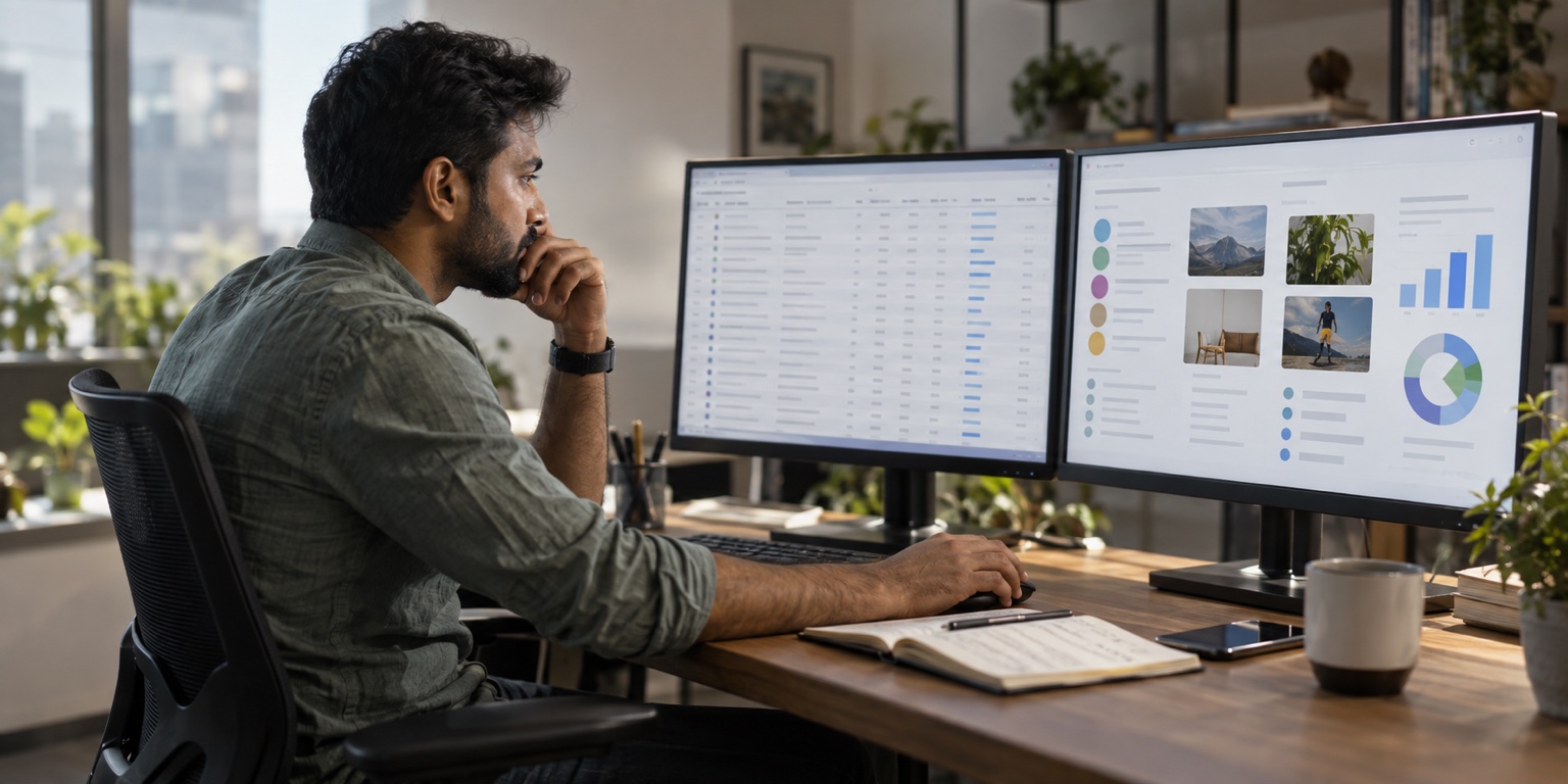 Indian search marketer comparing individual query rows with grouped search-term insights on two monitors