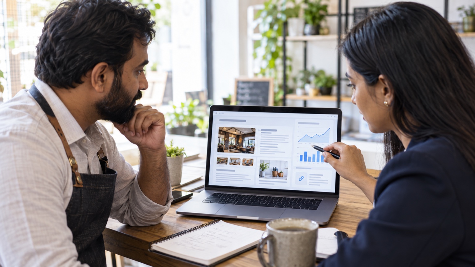 Indian service-business owner and SEO consultant reviewing helpful website content and search performance