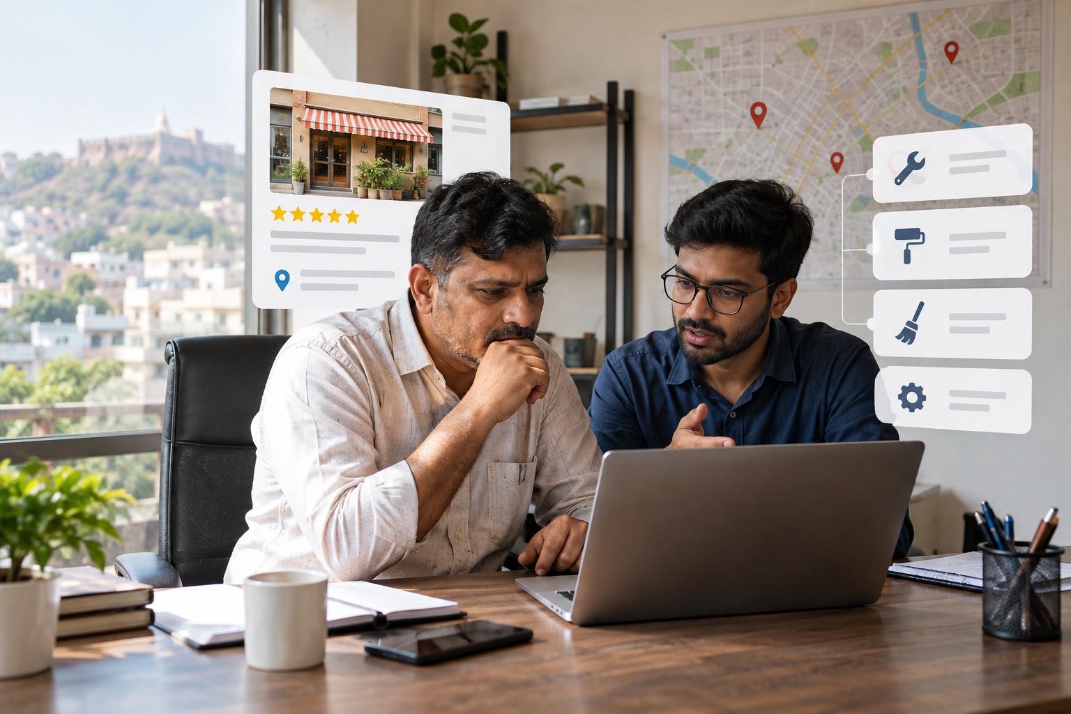 Indian business owner and local SEO advisor reviewing business category and service offerings