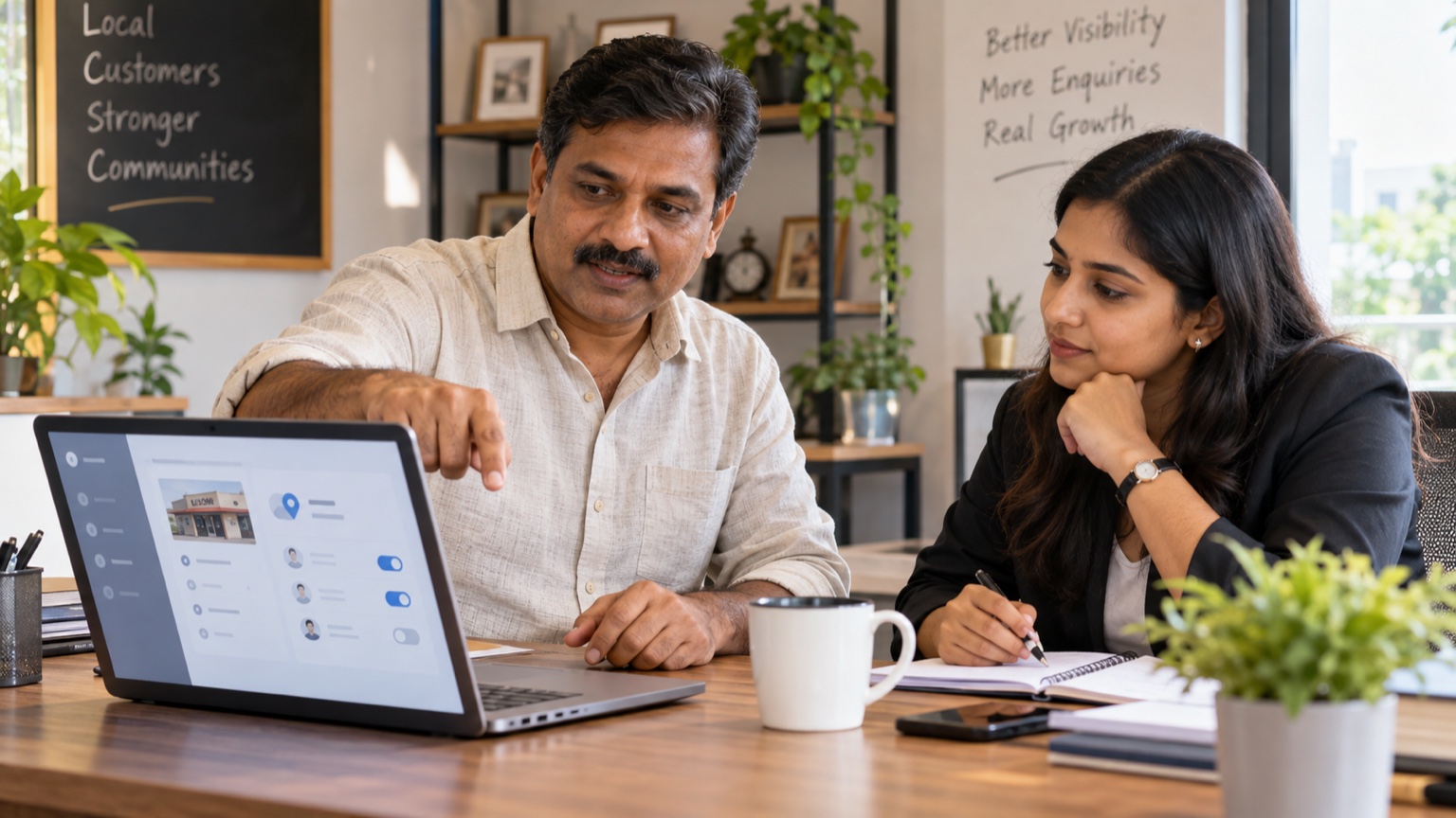 Indian business owner and agency representative reviewing Business Profile access together on a laptop