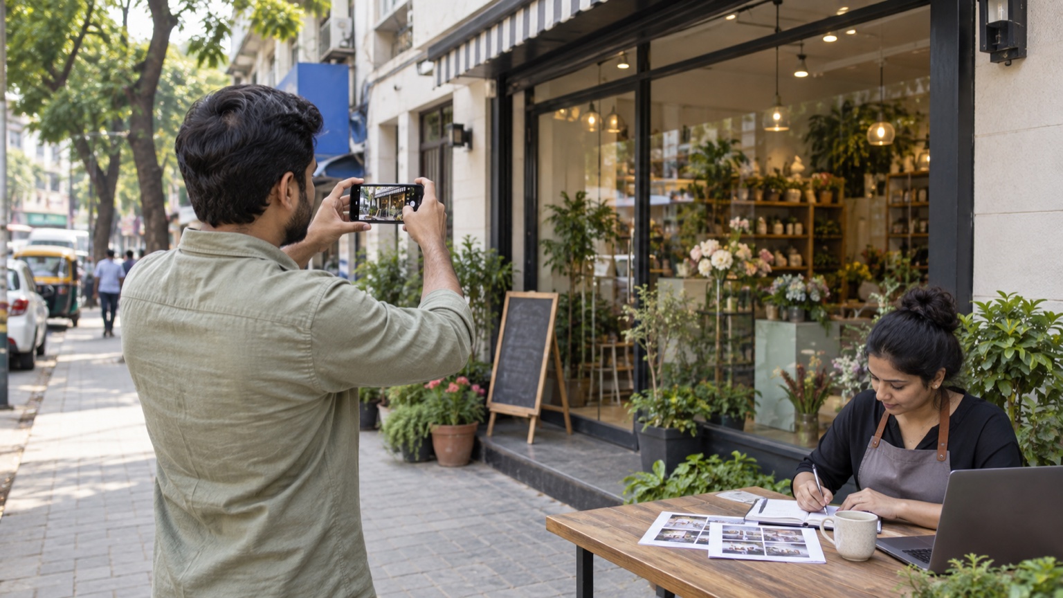 Local business owner taking a real storefront photograph while a colleague plans an online update