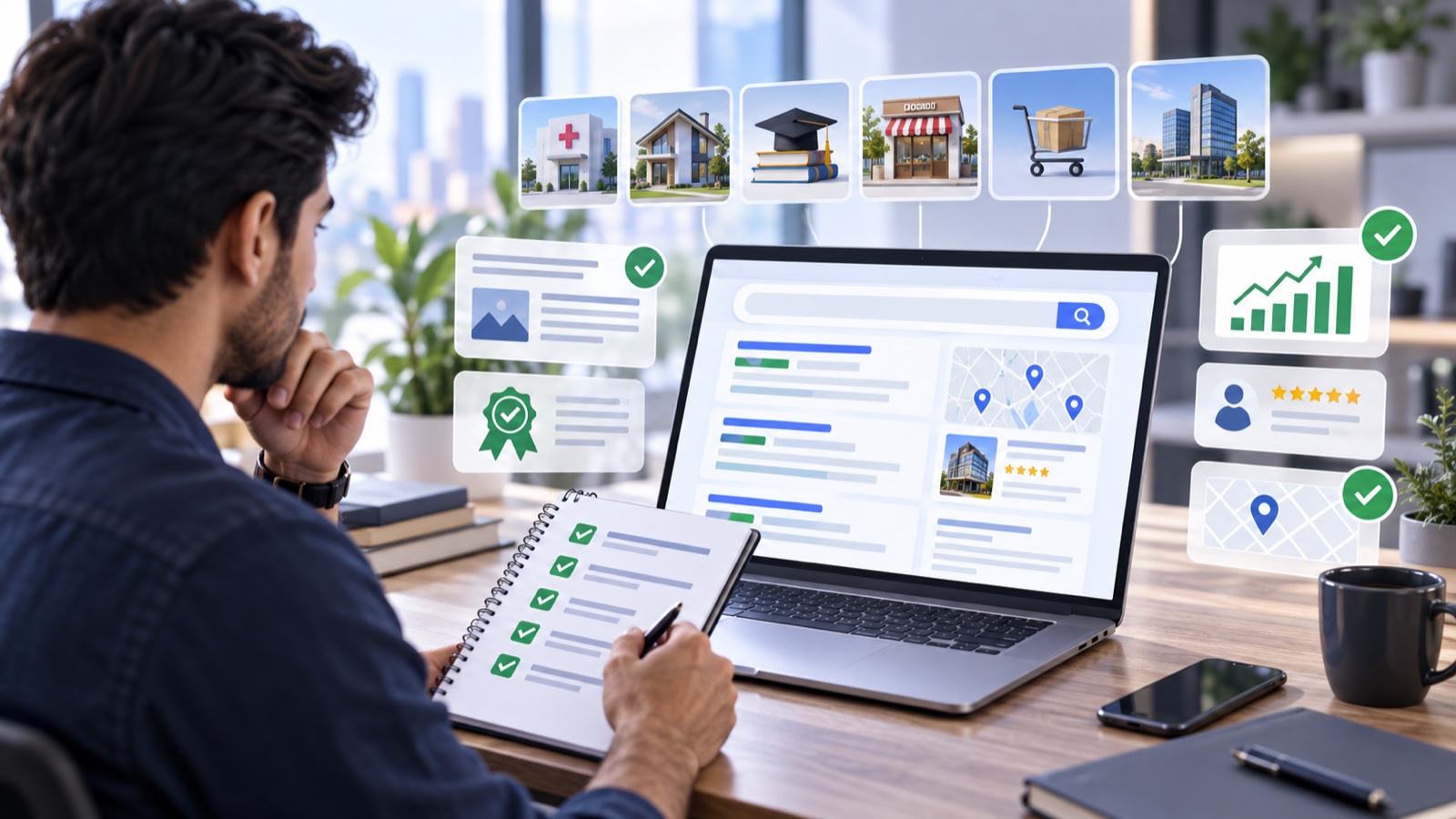 SEO team reviewing helpful content checklist for a service business website