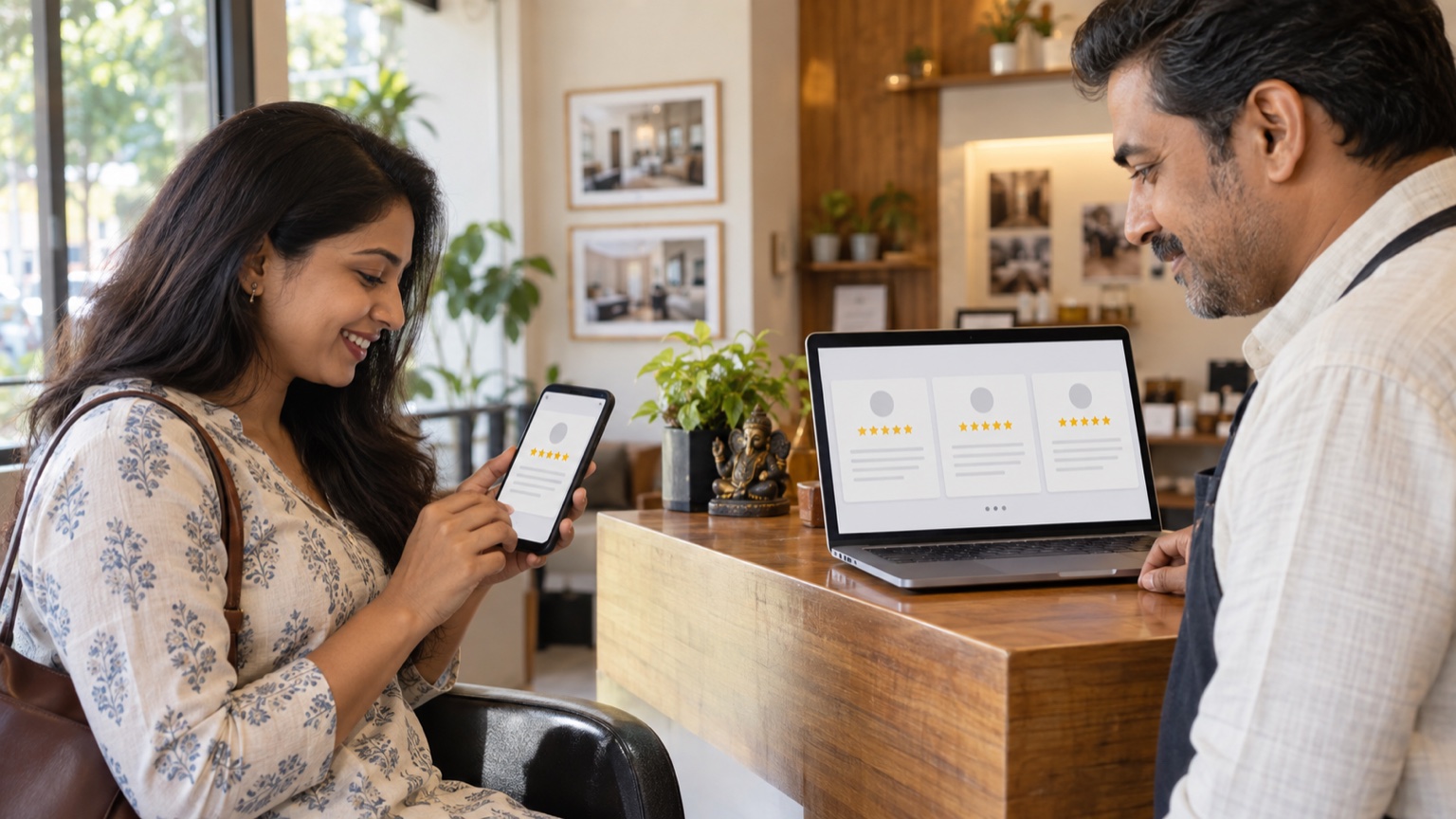 Indian customer leaving a genuine mobile review while a local business owner checks website testimonials