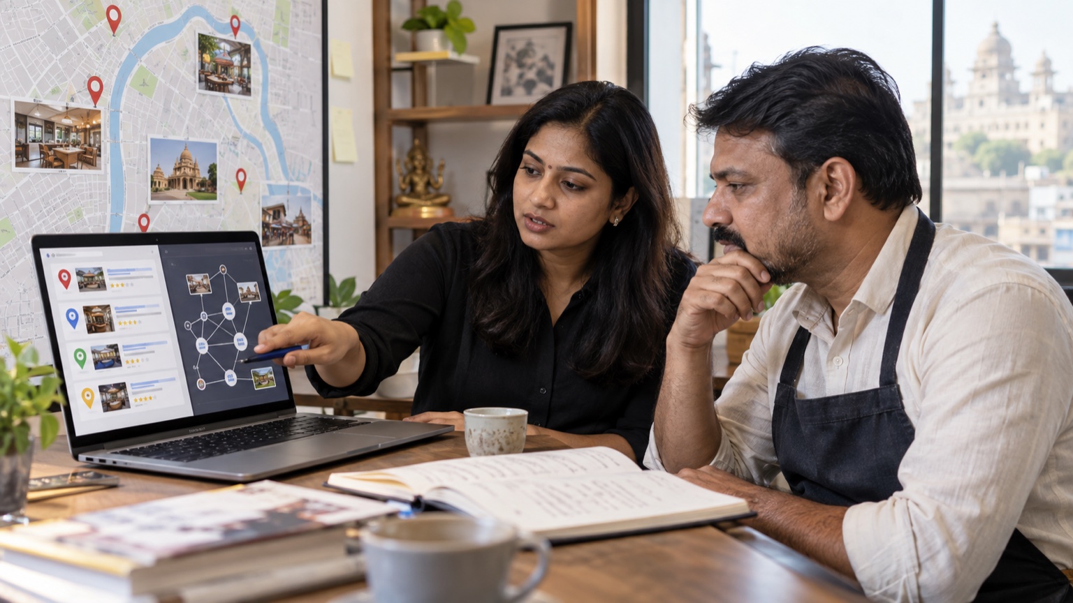 Local business owner and SEO consultant comparing directory citations with earned website backlinks