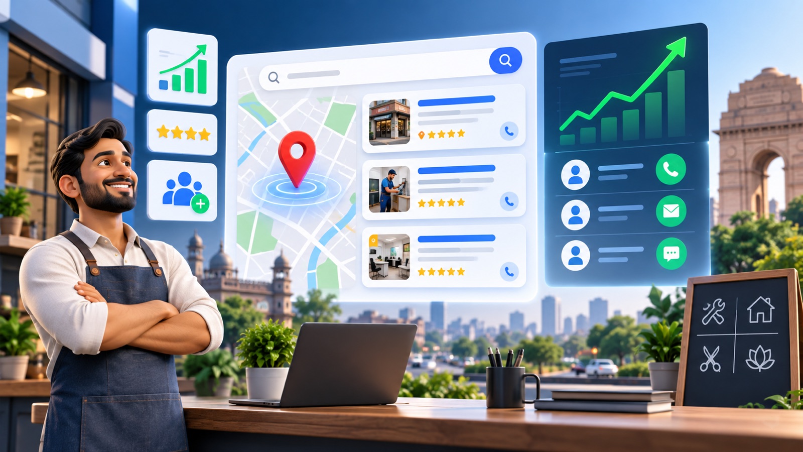 Local SEO dashboard showing map rankings reviews and lead enquiries for Indian service businesses
