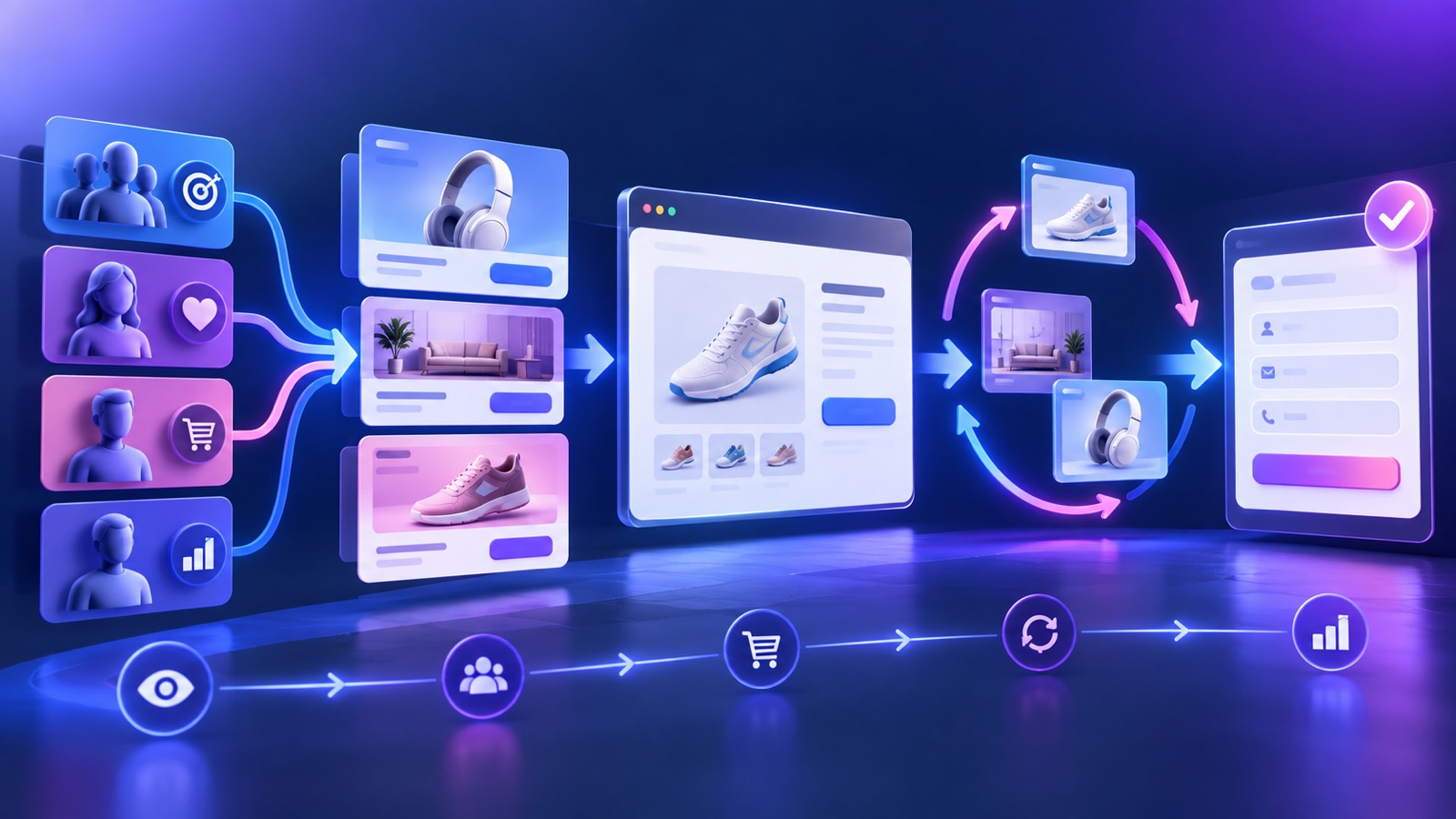 Meta Ads retargeting funnel visual with audience segments creative cards and lead form journey