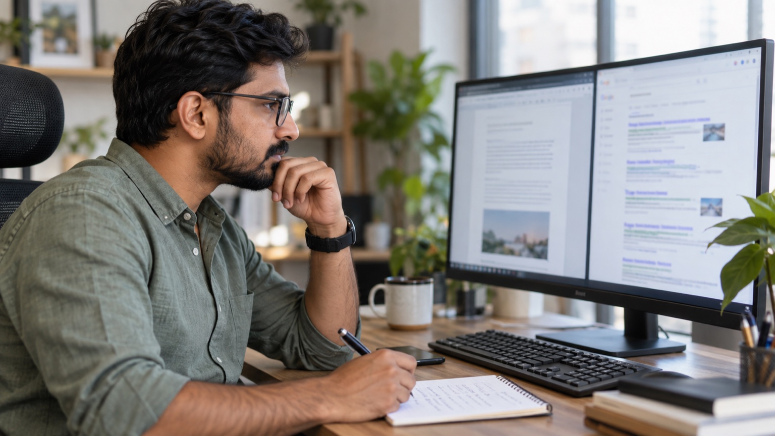 SEO strategist reviewing a service-page draft and search results preview on a desktop monitor