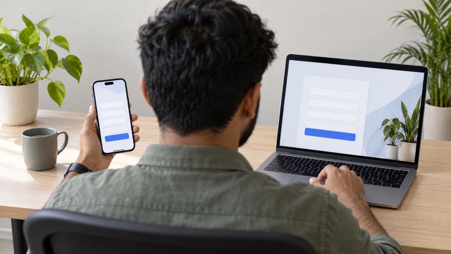 Service marketer comparing a mobile instant lead form with a website form on a laptop