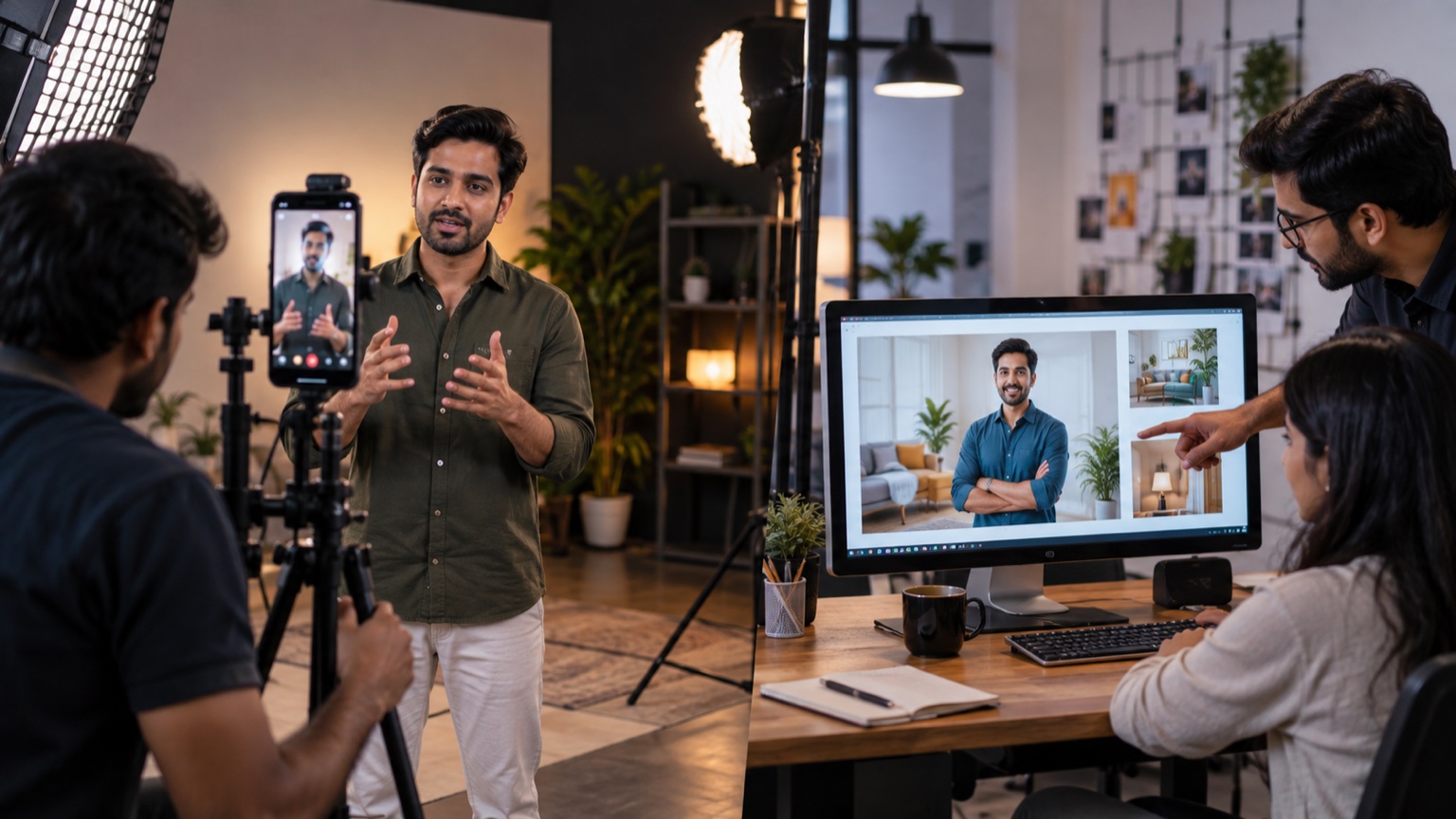 Indian digital agency filming vertical video and comparing it with a static service advertisement