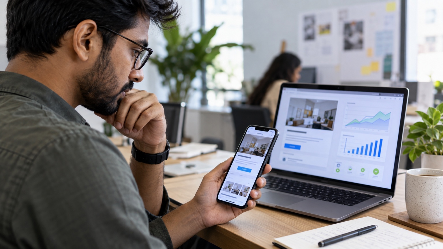 Indian web performance specialist testing a lead generation landing page on mobile and laptop