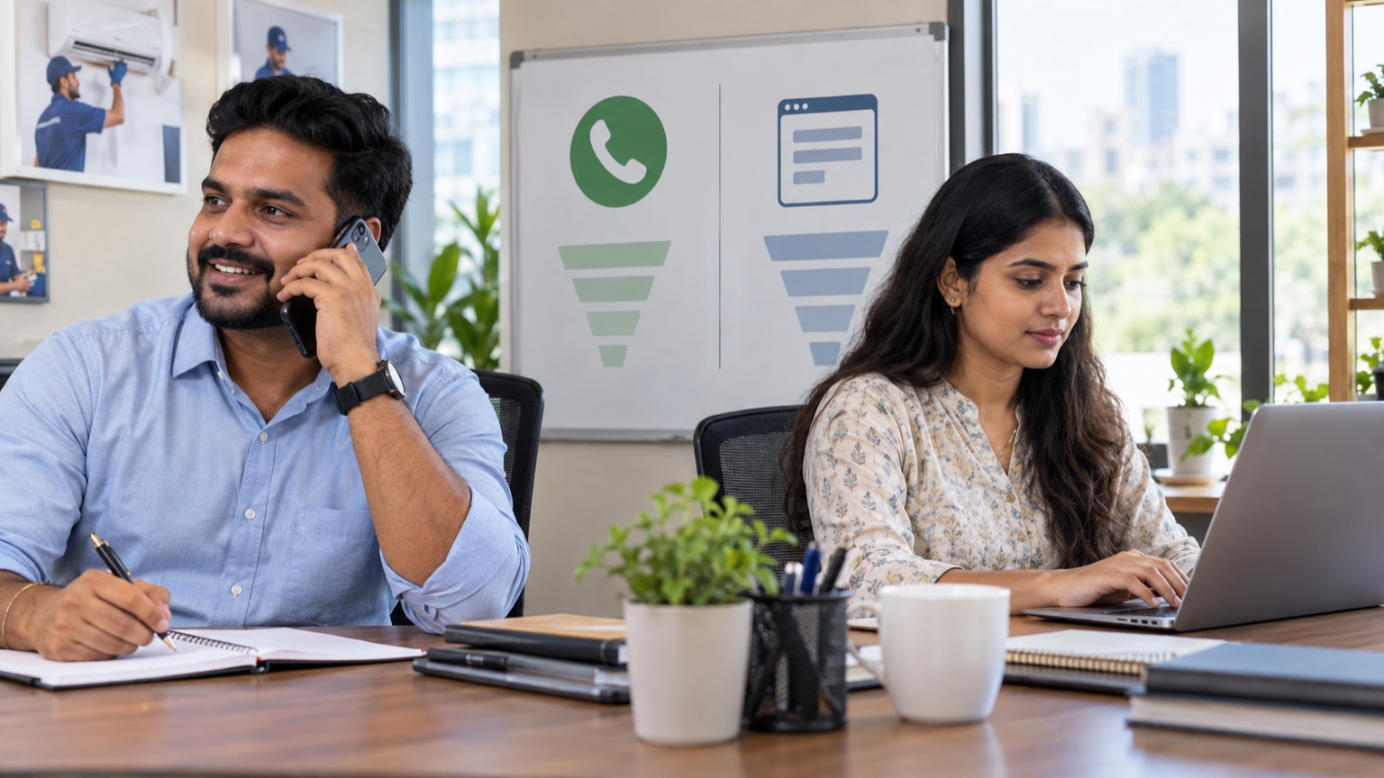 Indian service-business team comparing a live customer phone call with website form lead tracking