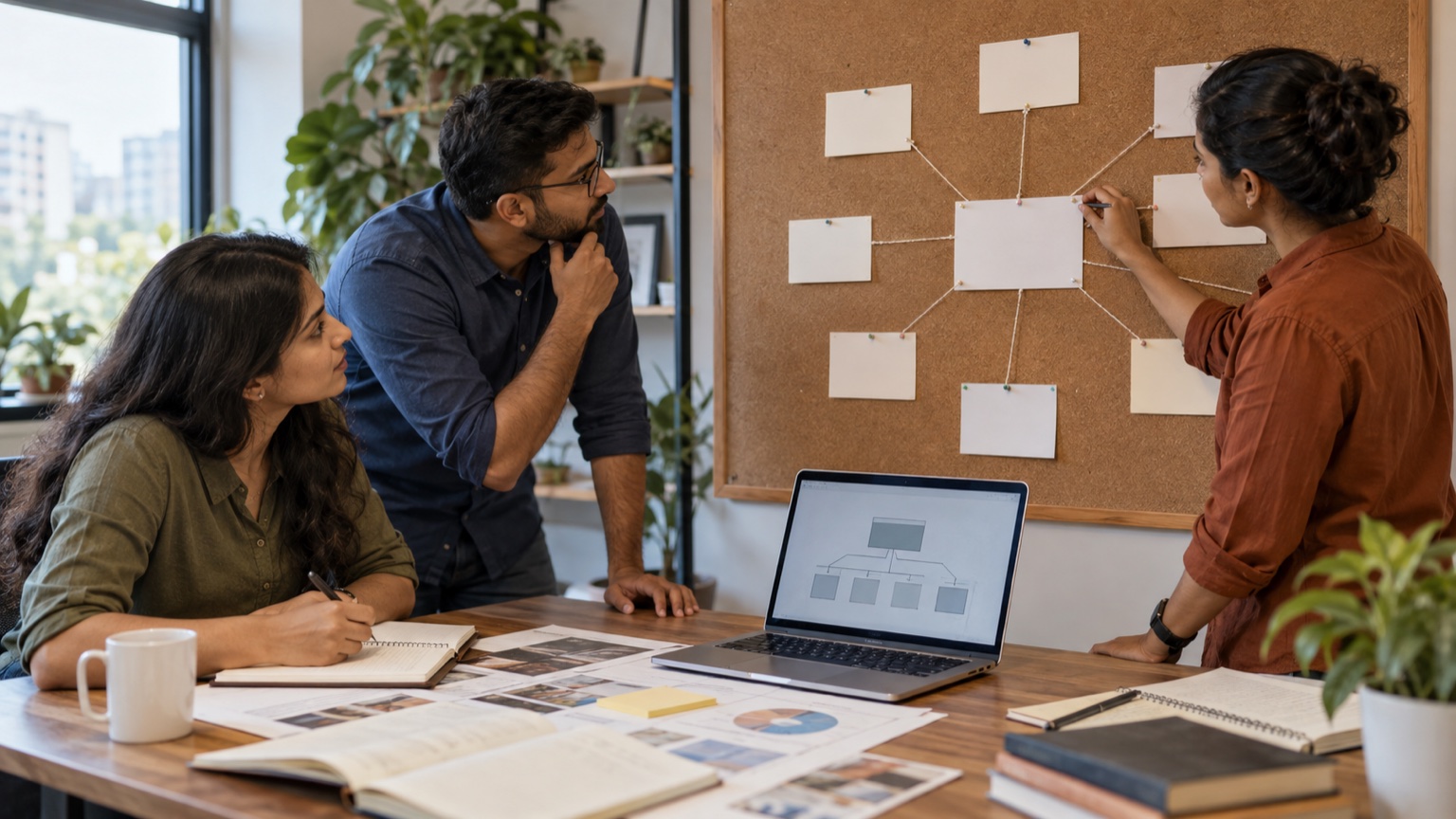 Indian SEO content team planning a service page and supporting topic cluster on a connected board